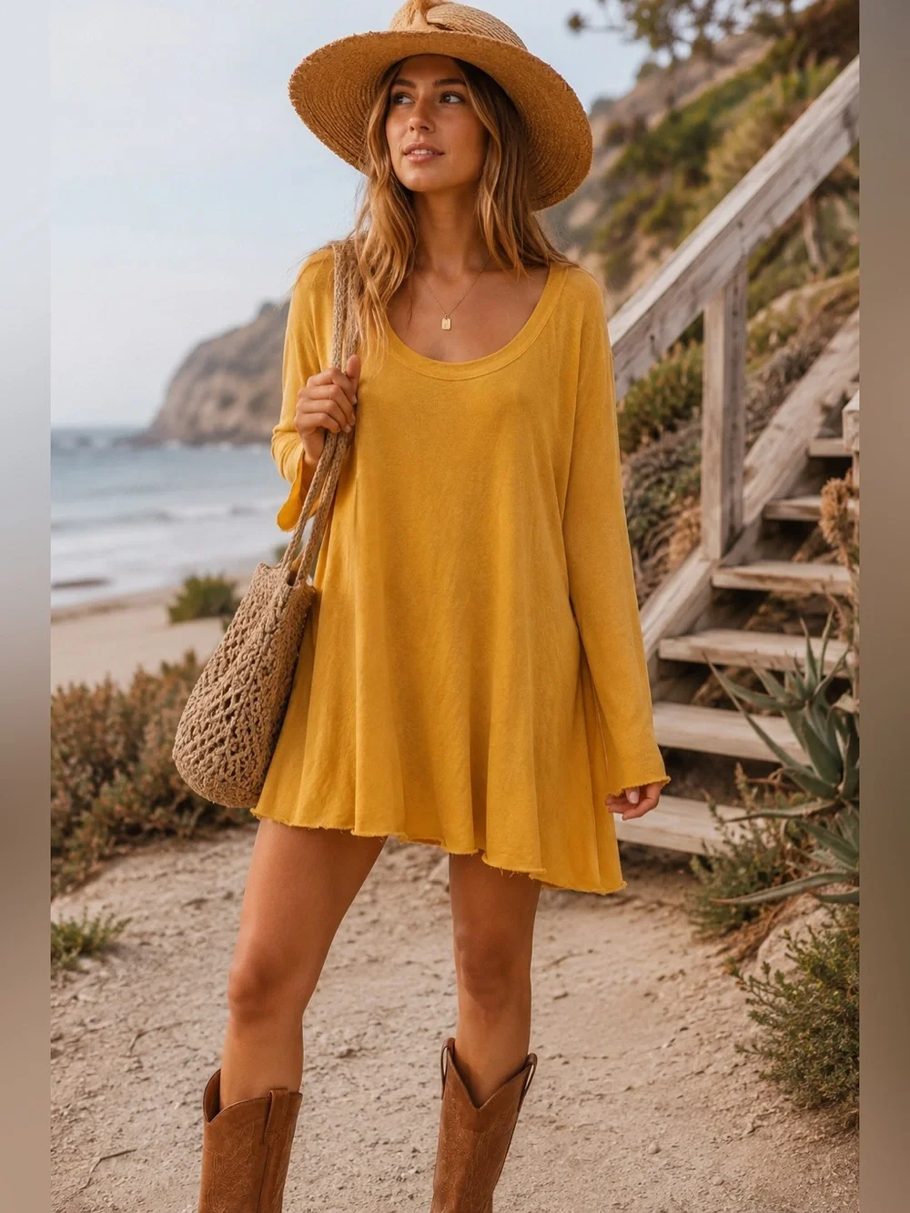 FP Beach by Free People Mustard Yellow Long Sleeve Swing Dress Raw Hem M/L